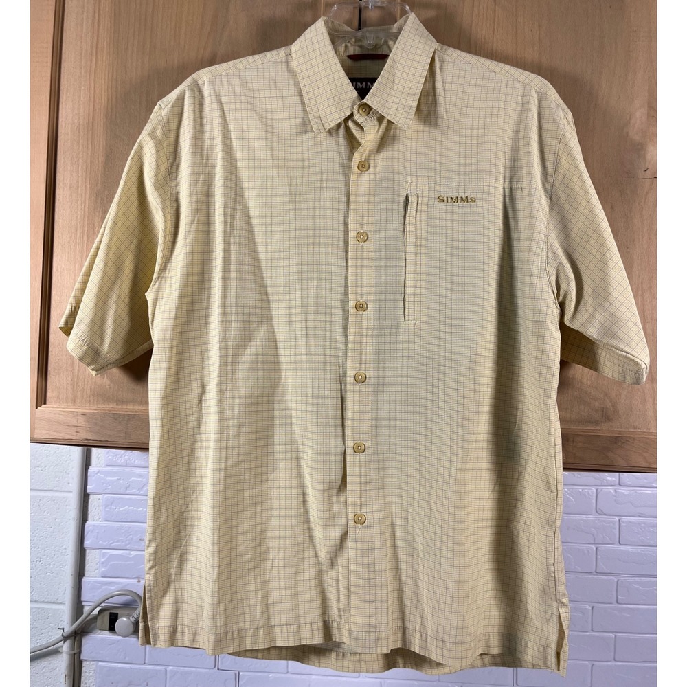 Simms Fishing Shirt Mens Large Yellow Micro Check Short Sleeve Button Up Pocket